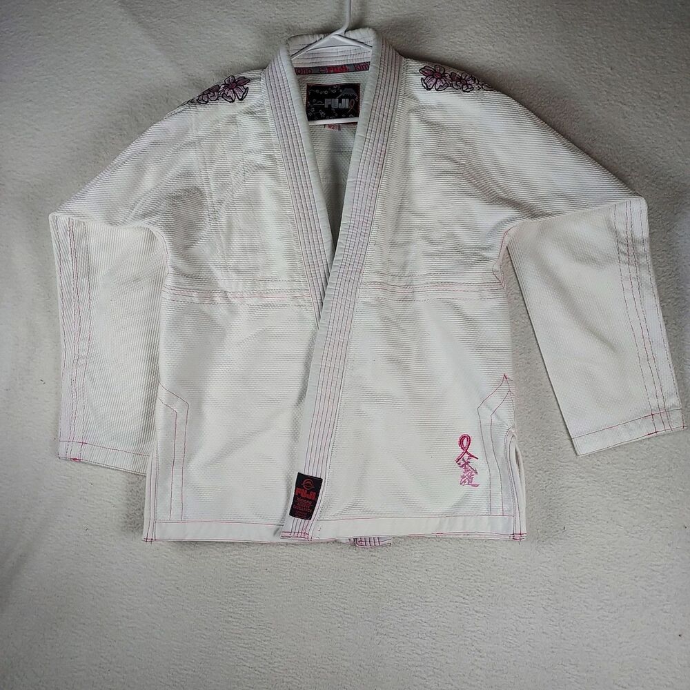 Fuji Womens Blossom BJJ Gi Jacket White Sz W2 Pink Ribbon Kimono Top 55% Cotton